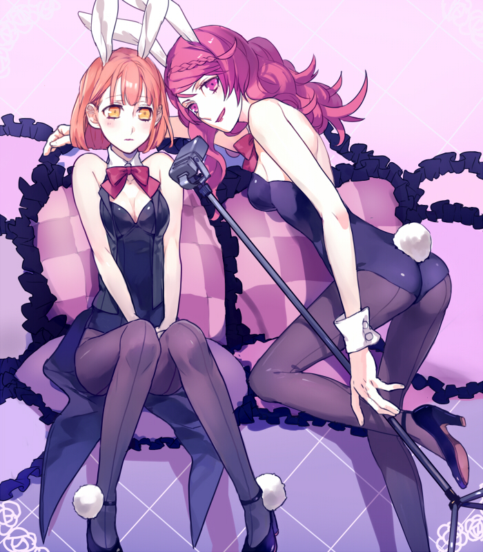 2girls, animal_ears, bare_shoulders, bowtie, braid, breasts, bunny_girl, bunny_tail