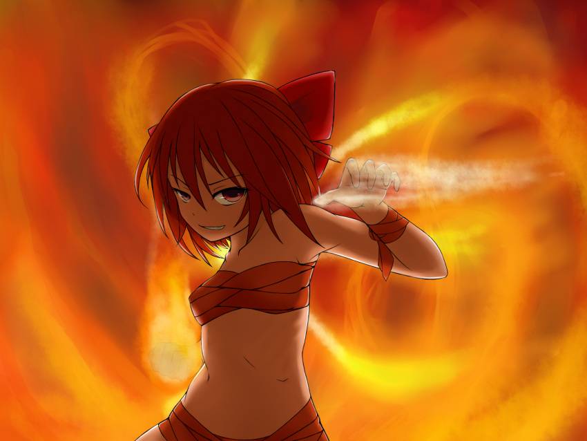 1girl, achi_cirno, alternate_color, alternate_element, bandages, bow, cirno, fire