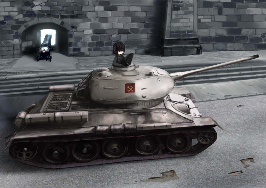 1girl, blonde_hair, blue_eyes, cannon, chipika, emblem, girls_und_panzer, helmet