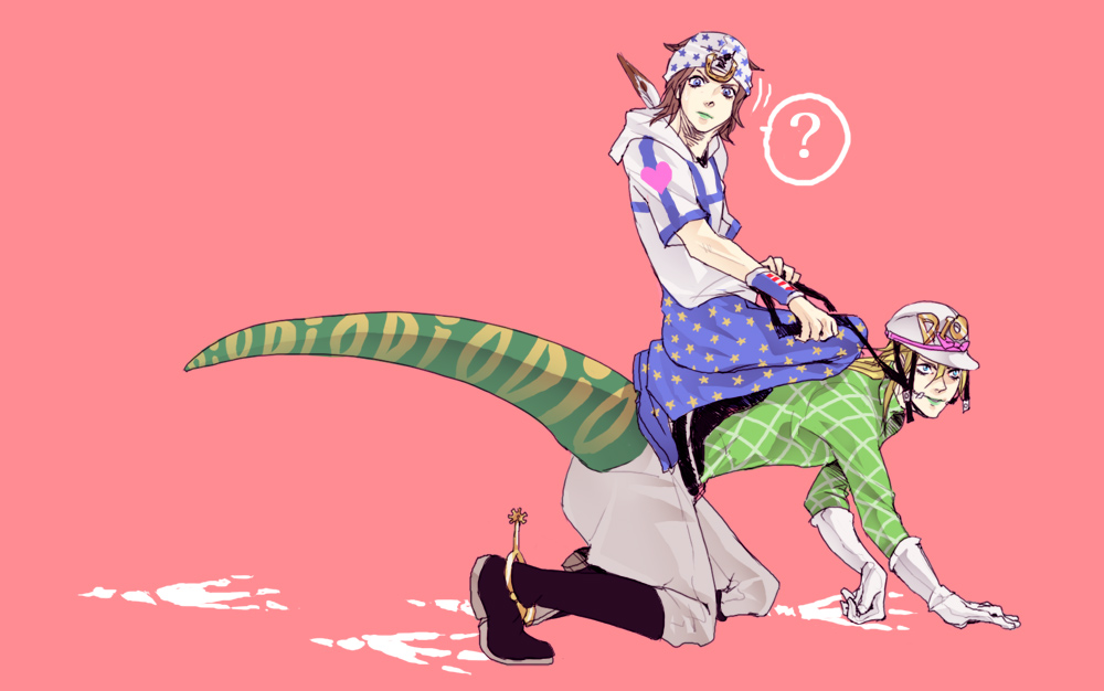 2boys, blonde_hair, boots, diego_brando, dinosaur, footprints, hat, jodhpurs, johnny_joestar, jojo_no_kimyou_na_bouken, lipstick, makeup, ms-pudding, multiple_boys, reins, riding, scary_monster_(stand), spurs, stand_(jojo), steel_ball_run, tail