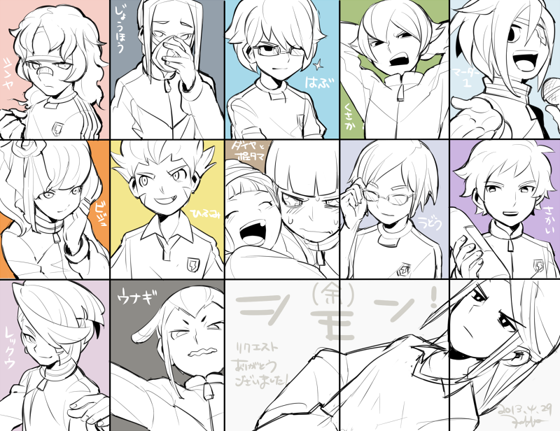 bandaid, blush, character_name, character_request, closed_eyes, dated, dutch_angle, glasses, hair_over_one_eye, headband, inazuma_eleven_(game), inazuma_eleven_(series), inazuma_eleven_go, inazuma_eleven_go_chrono_stone, monochrome, monoka, open_mouth, signature, simon_(inazuma_eleven), soccer_uniform, track_jacket