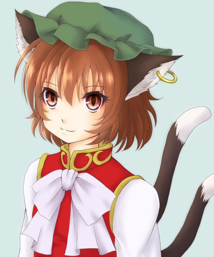 1girl, :3, animal_ears, blue_background, bow, brown_hair, bust, cat_ears, cat_tail, chen, jewelry, long_sleeves, looking_at_viewer, mitsucho, mob_cap, multiple_tails, red_eyes, short_hair, single_earring, slit_pupils, solo, tail, touhou, vest