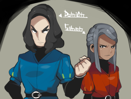 2boys, belt, character_name, damian_(inazuma_eleven), dark_skin, inazuma_eleven_(game), inazuma_eleven_(series), inazuma_eleven_go