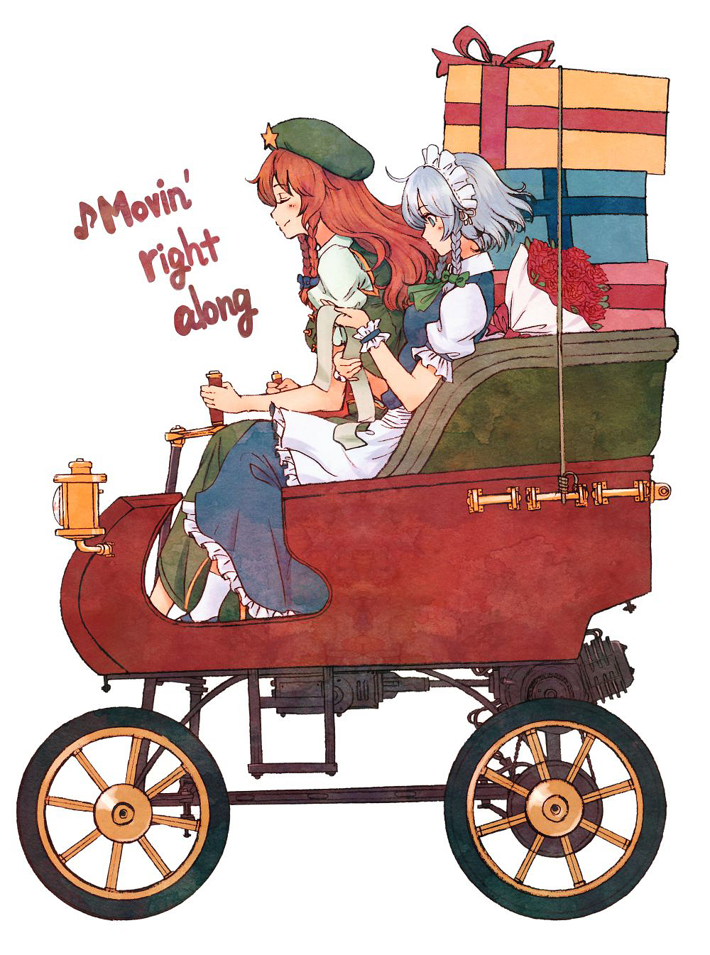 2girls, beret, blue_eyes, bouquet, box, car, closed_eyes, english