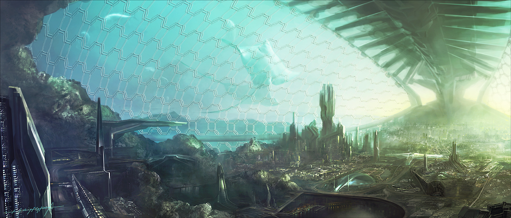 bridge, building, city, cityscape, fish, hattoriano, lake, landscape, no_humans, original, science_fiction, skate, skyscraper, underwater, water, window