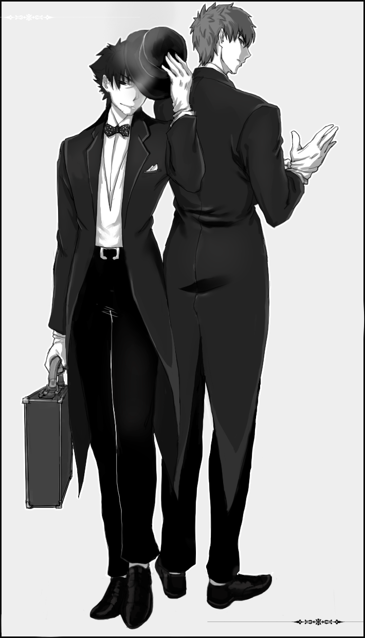 2boys, emiya_kiritsugu, fate/zero, fate_(series), formal, greyscale, hat, highres
