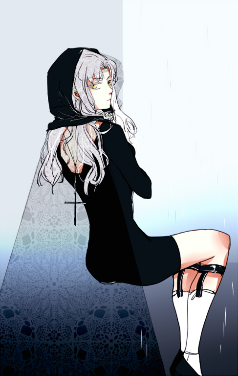 1girl, caren_hortensia, crimo, cross, cross_necklace, csi, dress, fate/hollow_ataraxia, fate_(series), garters, grey_hair, hood, jewelry, long_hair, necklace, solo, white_hair, yellow_eyes