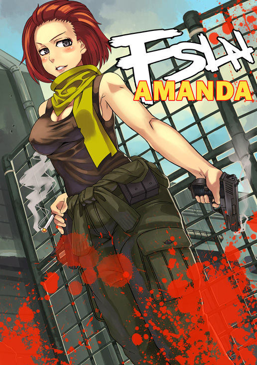 1girl, amanda_valenciano_libre, blood, breasts, character_name, cigarette, cleavage, emma_201, grey_eyes, gun, metal_gear, metal_gear_solid_peace_walker, pistol, redhead, scarf, solo, tank_top, weapon