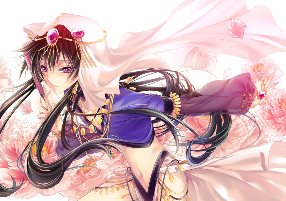1boy, black_hair, code_geass, crossdressinging, dancer, flower, jewelry, lelouch_lamperouge, long_hair, luluko, midriff, necklace, trap, very_long_hair, violet_eyes, xhouz