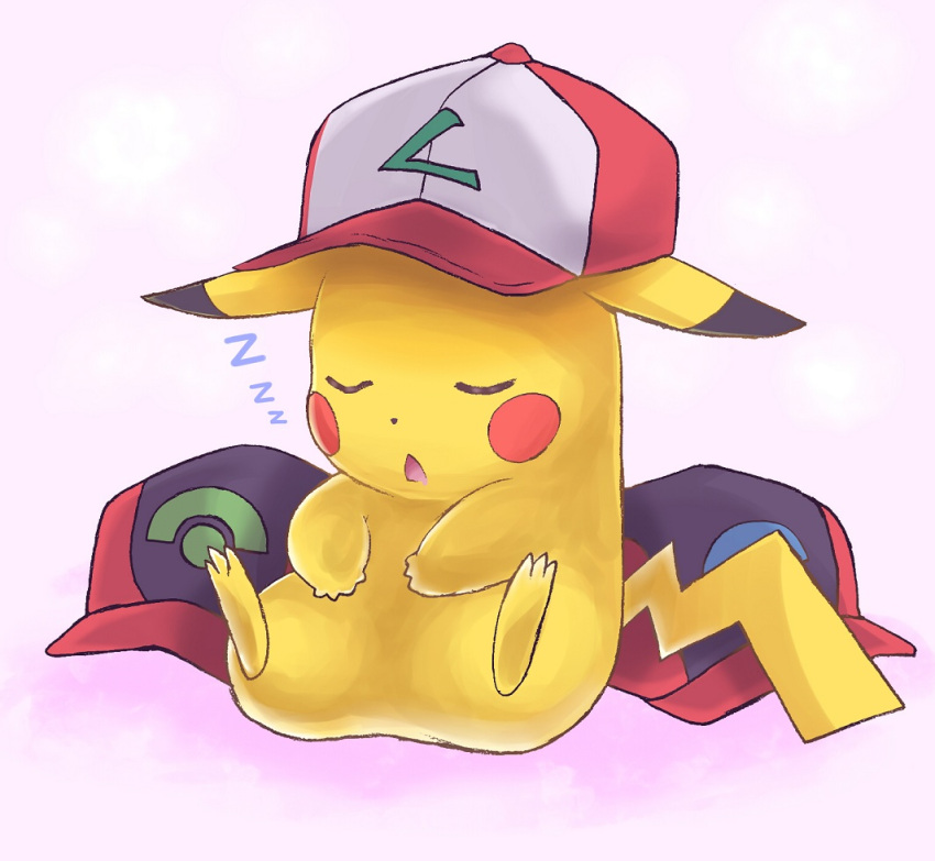 baseball_cap, hat, leaning_back, no_humans, pikachu, pokemon, pokemon_(anime), pokemon_(creature)