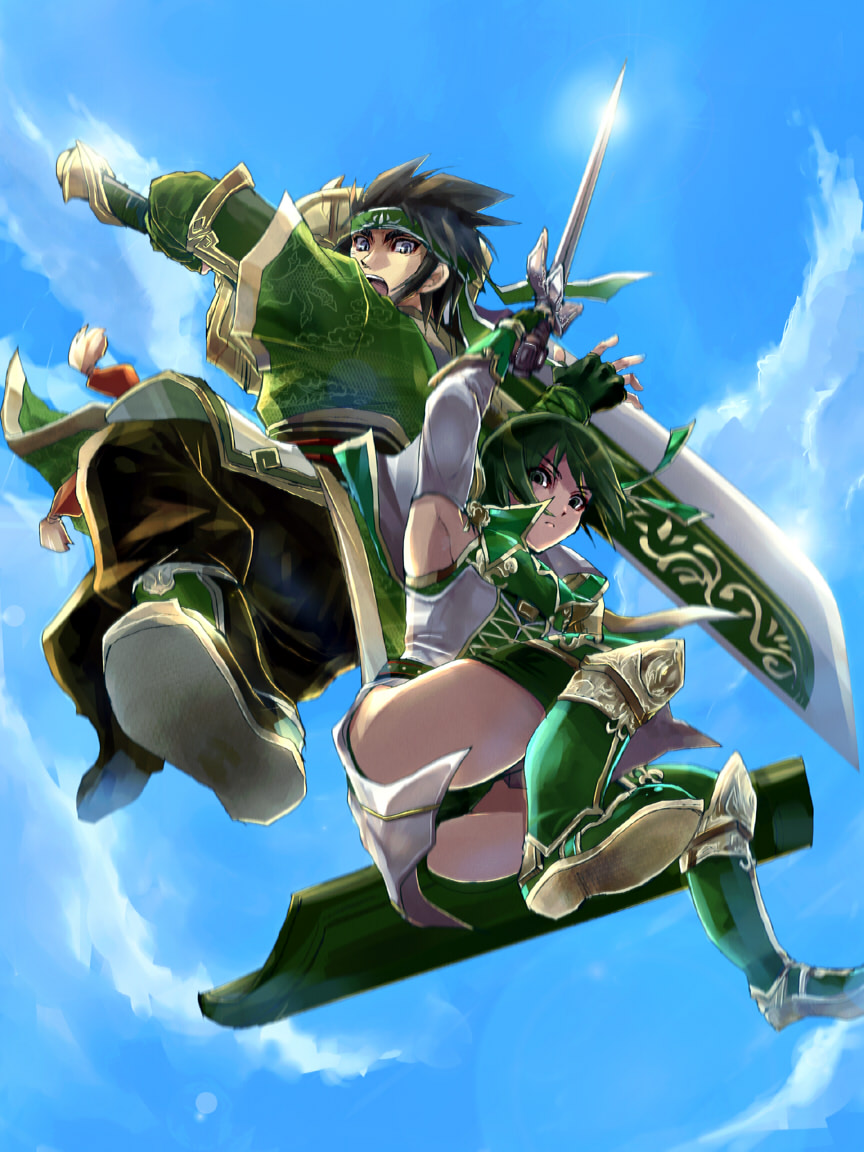 1boy, 1girl, arm_up, armor, armpits, black_hair, blue_sky, green_panties