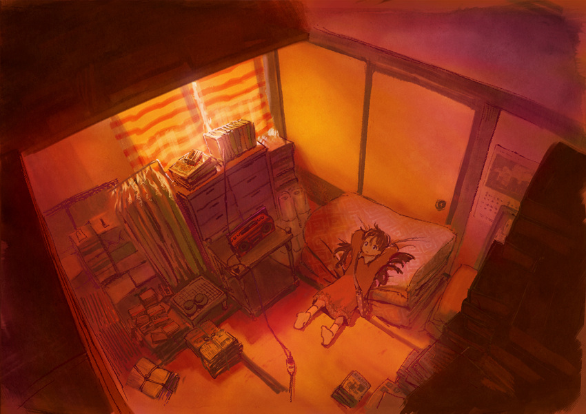 1girl, arms_behind_head, black_hair, book, chest_of_drawers, curtains, food, from_above