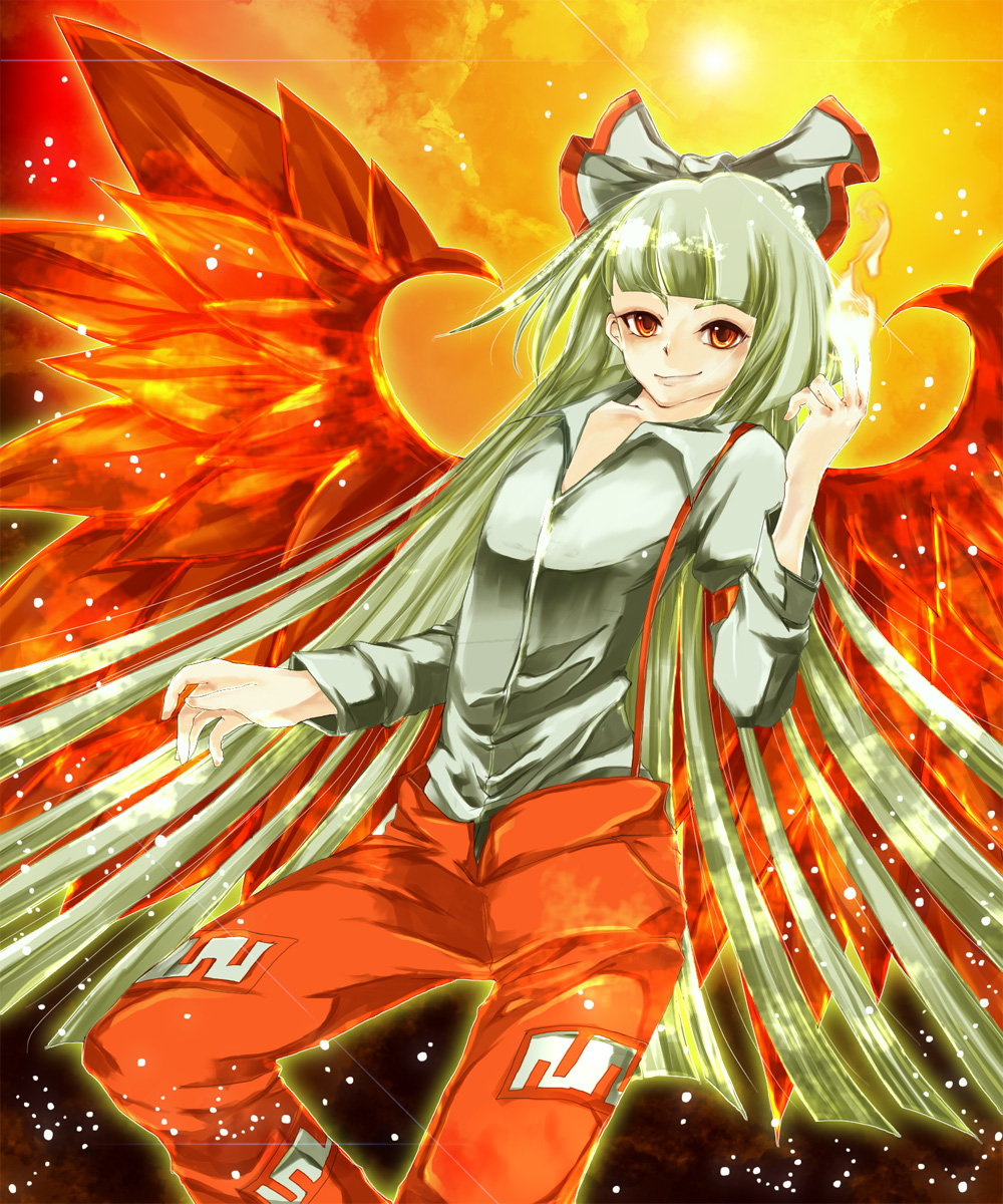1girl, bow, fiery_wings, fire, fujiwara_no_mokou, grin, hair_bow, hair_ribbon