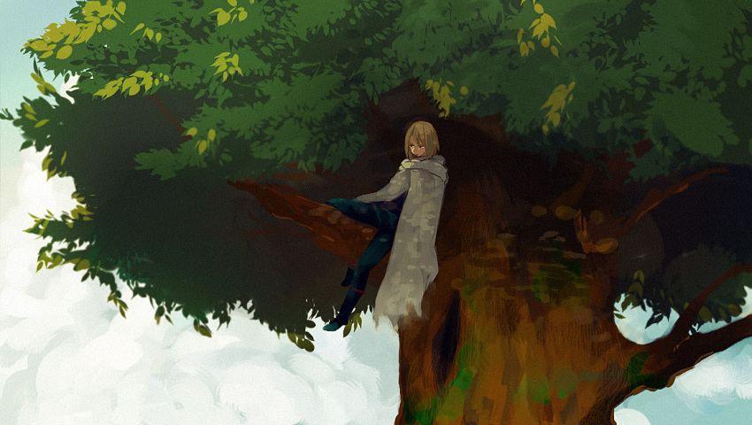 1boy, brown_hair, cloak, hayakawa, in_tree, leaf, long_hair, onepunch_man