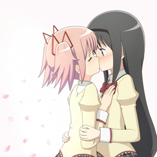 2girls, akemi_homura, black_hair, blue_eyes, blush, bow, bust, closed_eyes, hairband, kaname_madoka, kiss, long_hair, mahou_shoujo_madoka_magica, midori_(rquick2009), multiple_girls, pink_hair, school_uniform, short_hair, skirt, yuri