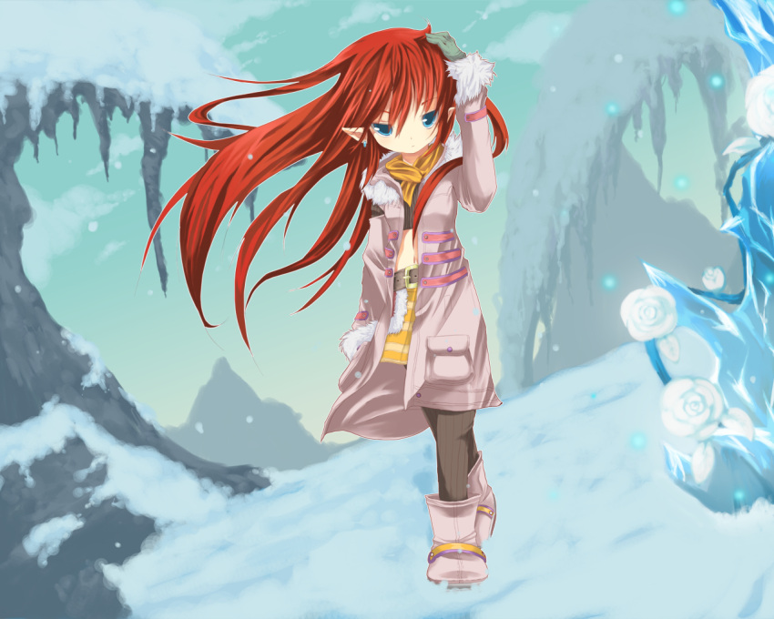boots, earrings, gloves, jacket, jewelry, long_hair, mimi-moon, navel