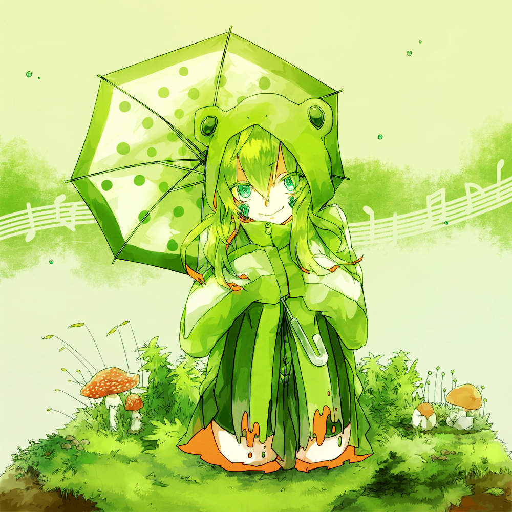1girl, alternate_color, ene_(kagerou_project), frog_hat, green, green_eyes, green_hair, green_legwear