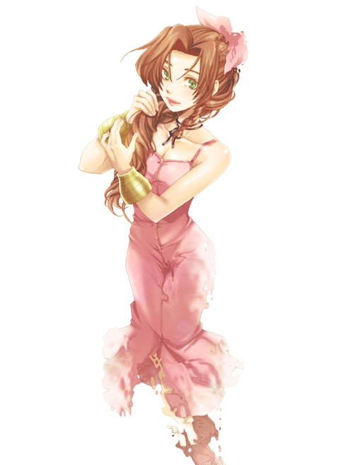 aerith_gainsborough, bare_shoulders, bracelet, brown_hair, coco-nattou, dress, female, final_fantasy