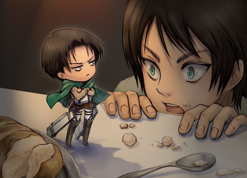 2boys, :<, black_hair, boots, bread, cape, chibi, crossed_arms, eren_jaeger, food, green_eyes, jacket, miniboy, multiple_boys, oborohizuki_no_misago, rivaille, shingeki_no_kyojin, size_difference, spoon