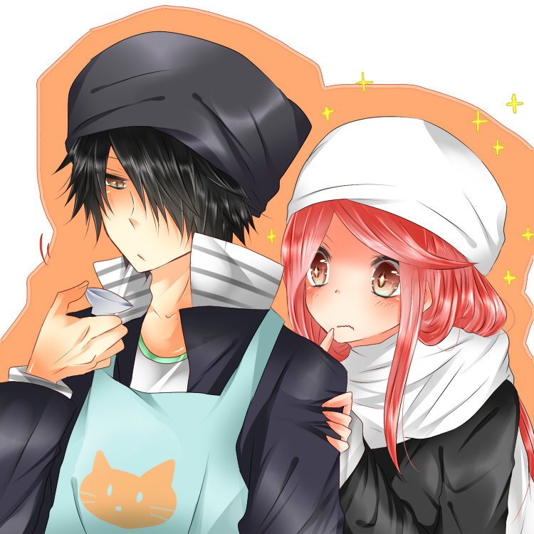 1boy, 1girl, ban_airi, black_hair, devil_survivor_2, hat, jacket, kasame_(kasagumo)