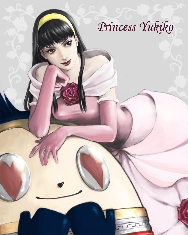 amagi_yukiko, bare_shoulders, black_eyes, black_hair, dress, elbow_gloves, female, gloves