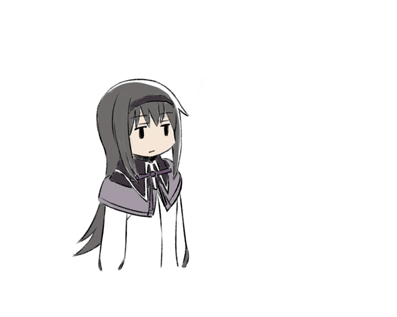 1girl, akemi_homura, black_hair, blank_stare, expressionless, flat_gaze, hairband, jumping_giraffe