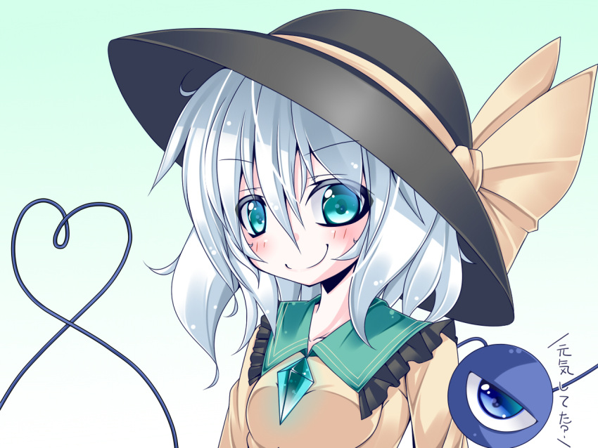 1girl, aqua_eyes, bust, eyeball, futase_hijiri, hat, heart, heart_of_string
