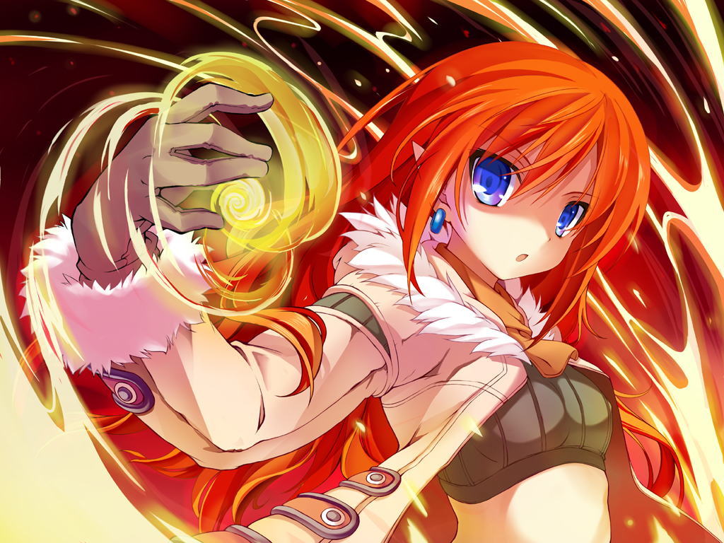 blue_eyes, earrings, energy_ball, gloves, jacket, jewelry, magic, midriff