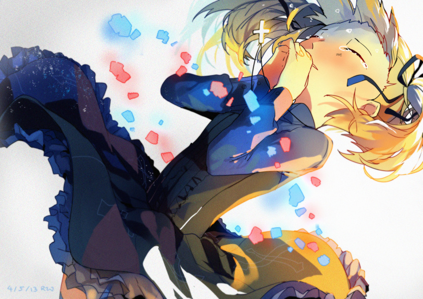 1girl, alice_mccoy, artist_name, blonde_hair, blush, closed_eyes, cross, cross_necklace, dated, digimon, digimon_tamers, dress, frills, hair_ribbon, hands_clasped, long_hair, ribbon, rw_(567173350), solo, tears, twintails