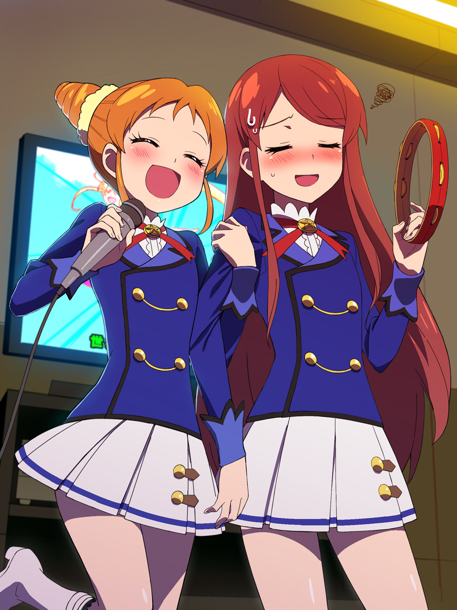 2girls, aikatsu!, arisugawa_otome, arm_hug, blush, closed_eyes, embarrassed, happy