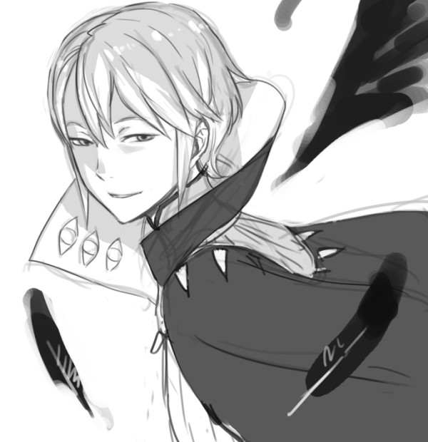 1boy, cloak, eyeball, feathers, fire_emblem, fire_emblem:_kakusei, hair_between_eyes, henry_(fire_emblem)