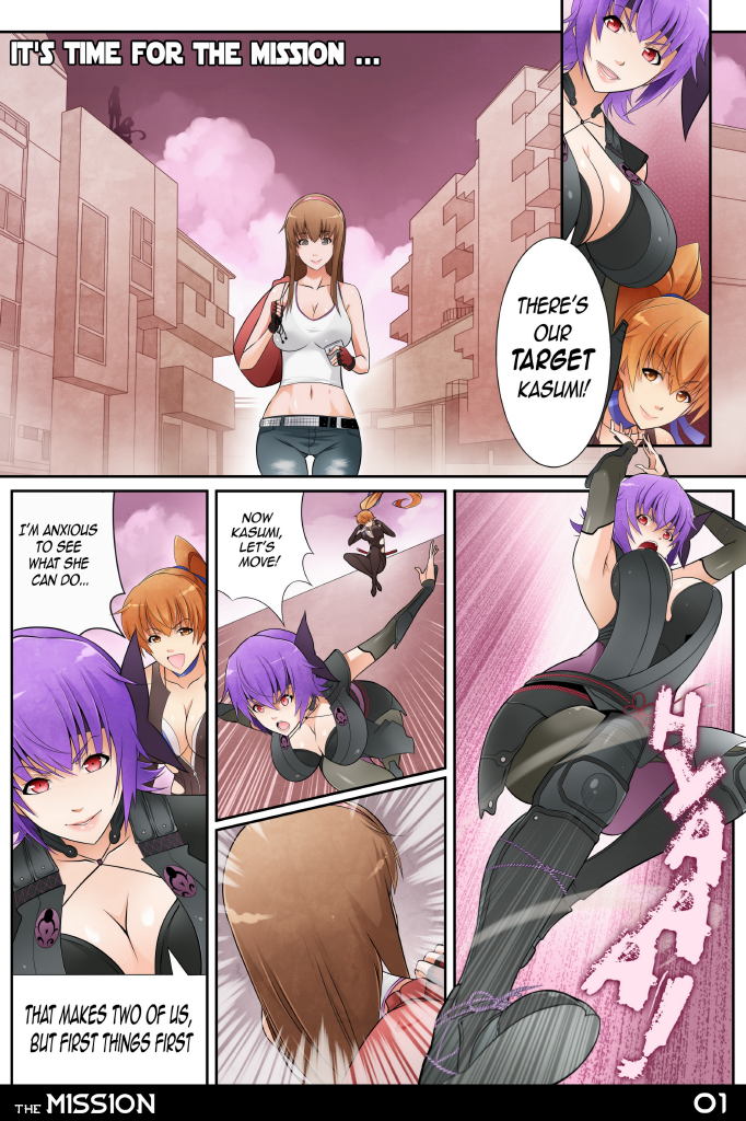 3girls, ayane, ayane_(doa), breasts, brown_hair, cleavage, comic, crimeglass, dead_or_alive, emphasis_lines, english, hairband, hitomi, jeans, kasumi, large_breasts, multiple_girls, purple_hair, tank_top