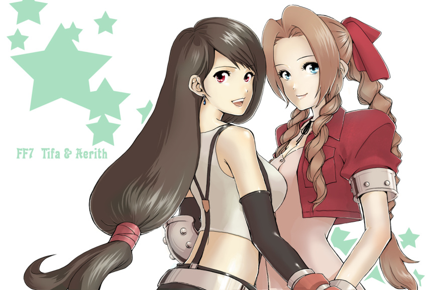 2girls, aerith_gainsborough, black_hair, blue_eyes, brown_hair, dress, earrings, elbow_gloves
