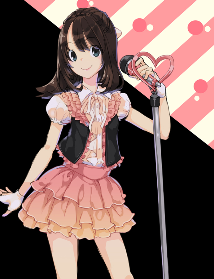 1girl, brown_hair, candelira, chiko_(mizuho), female, green_eyes, mic, skirt, solo, super_sentai, tomatsu_haruka, zyuden_sentai_kyoryuger