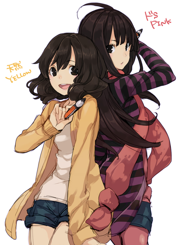 2girls, black_hair, brush, chiko_(mizuho), female, hanaori_kotoha, jacket, multiple_girls