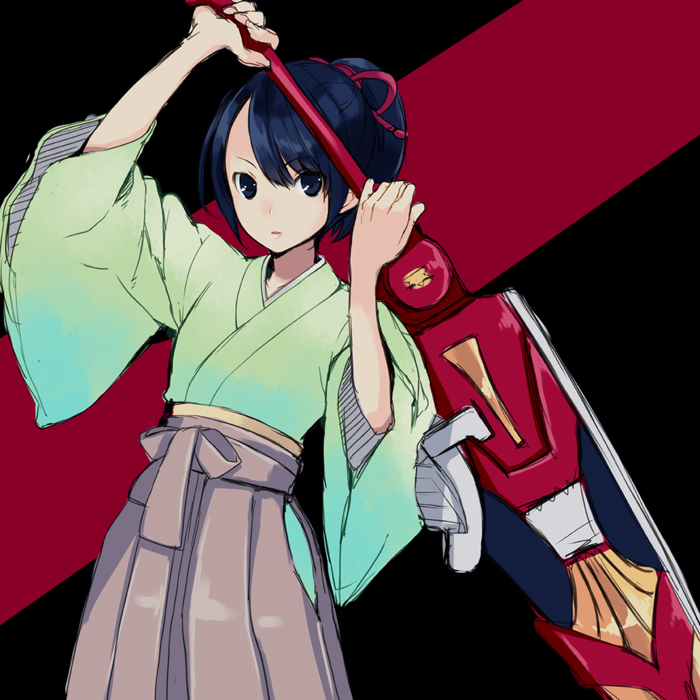 1girl, black_hair, chiko_(mizuho), female, hair_bun, japanese_clothes, samurai_sentai_shinkenger, shiba_kaoru, solo, super_sentai, sword, weapon