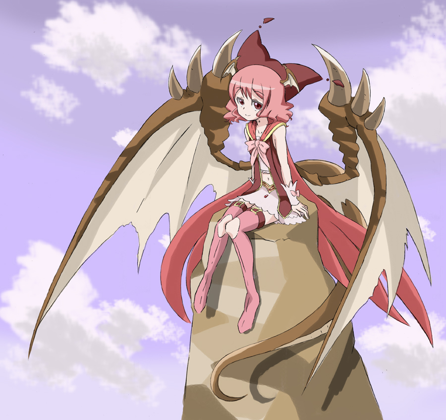 1girl, bahamut_(zettai_bouei_leviathan), boots, bow, dragon_girl, dragon_tail, dragon_wings, hat, head_wings, pink_hair, red_eyes, short_hair, solo, tail, wings, zettai_bouei_leviathan