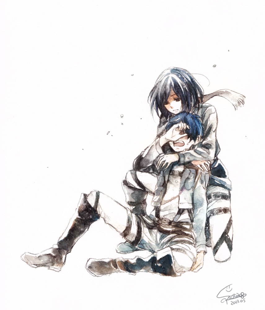 1boy, 1girl, belt, black_hair, blue_hair, boots, eren_jaeger, hug