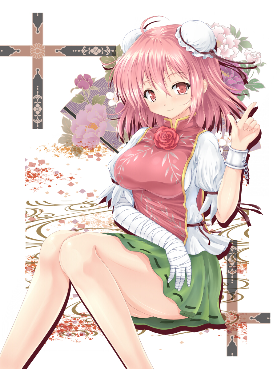 1girl, ahoge, bandages, bare_legs, breasts, chain, cuffs, double_bun, flower, hair_bun, highres, ibaraki_kasen, index_finger_raised, pink_eyes, pink_hair, rose, short_hair, sitting, skirt, smile, solo, tabbard, touhou, u2_(5798239)