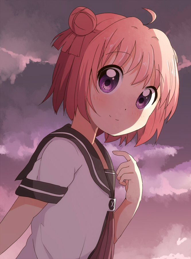 1girl, ahoge, akaza_akari, blush, hair_bun, looking_at_viewer, redhead, school_uniform
