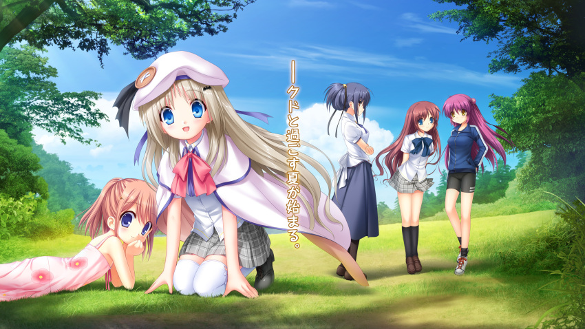 2girls, 5girls, a-chan_senpai, arizuki_shiina, bike_shorts, black_hair, blue_eyes, brown_eyes