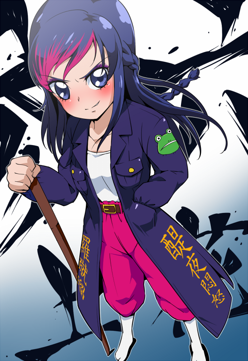 1girl, blue_eyes, blue_hair, blush, bokken, braid, coat, delinquent