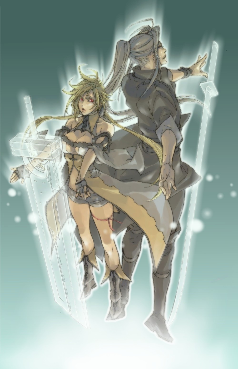 bare_shoulders, blonde_hair, boots, cleavage, cloud_strife, couple, female, final_fantasy
