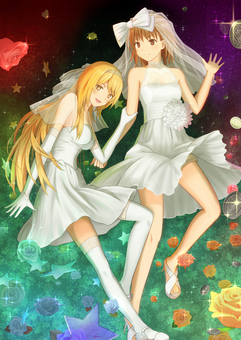 +_+, 2girls, blonde_hair, brown_eyes, brown_hair, dress, gloves, innertube, long_hair, misaka_mikoto, multiple_girls, open_toe_shoes, sandals, shokuhou_misaki, short_hair, thigh-highs, to_aru_kagaku_no_railgun, to_aru_majutsu_no_index, veil, wedding_dress, yubari_rumoi