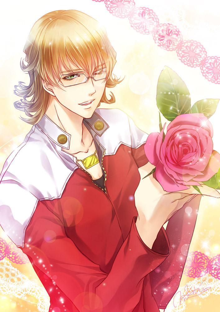 1boy, barnaby_brooks_jr, blonde_hair, flower, green_eyes, jacket, miyama_kiri, red_jacket