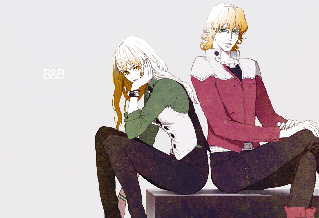 barnaby_brooks_jr, blonde_hair, bracelet, brown_eyes, glasses, green_eyes, jacket, jewelry, kaburagi_t_kotetsu_(cosplay), karina_lyle, red_jacket, shirokumaborder, tiger_&amp;_bunny, vest