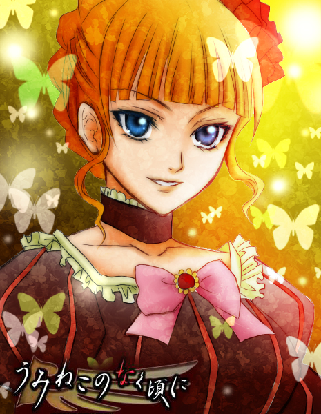 beatrice, blonde_hair, blue_eyes, butterfly, choker, dress, flower, hair_ornament