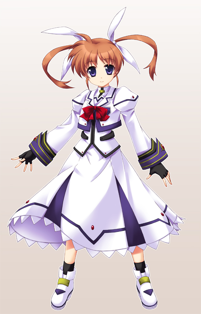 1girl, brown_hair, fingerless_gloves, gloves, hair_ribbon, katase_kai, light_smile, long_sleeves, lyrical_nanoha, magical_girl, mahou_shoujo_lyrical_nanoha, puffy_sleeves, ribbon, short_twintails, simple_background, solo, takamachi_nanoha, twintails, violet_eyes