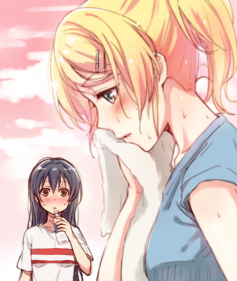 2girls, ayase_eli, blonde_hair, blue_eyes, blue_hair, blurry, blush, bottle