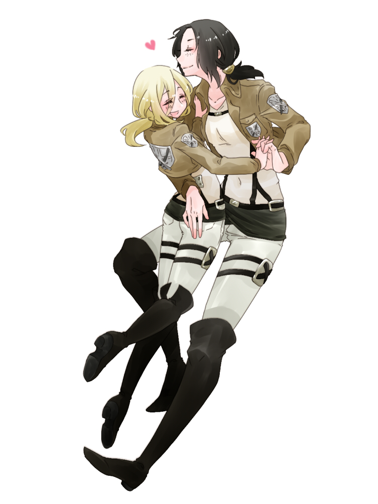2girls, boots, christa_renz, closed_eyes, full_body, hair_between_eyes, happy, holding_hands